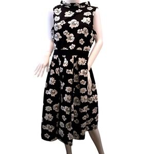 Eva Mendes Dress Women Large Black White Floral Fit Flare Midi Sleeveless Pocket